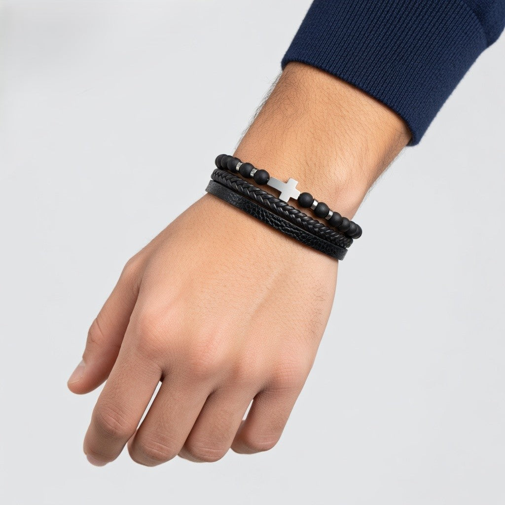 Pulseira de Couro e Pedra Natural