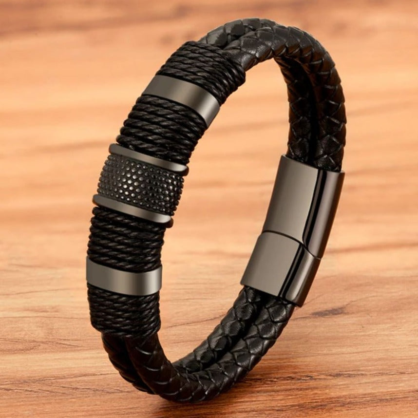 Pulseira de Couro e Aço Inoxidável