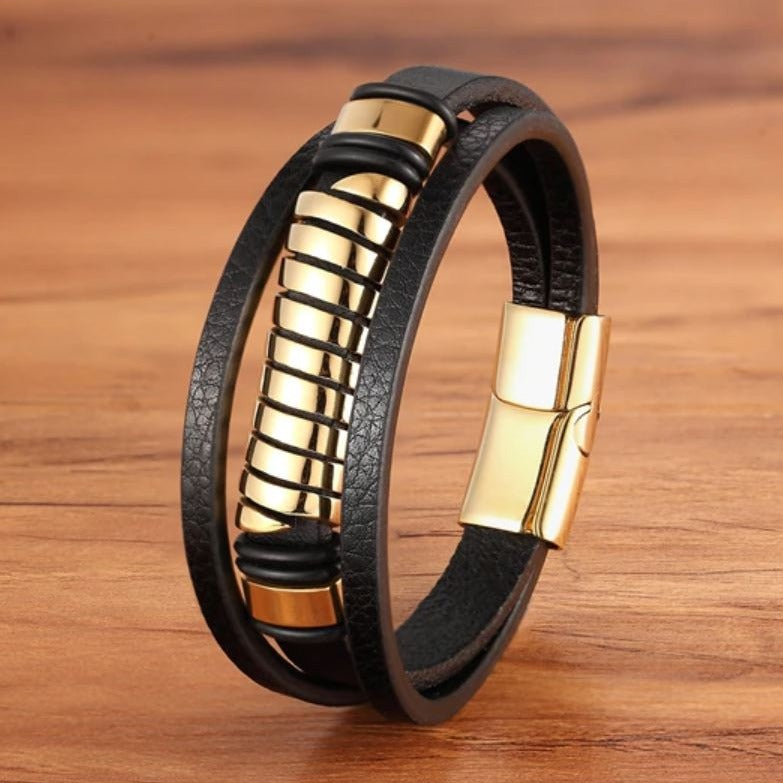 Pulseira de Couro e Aço Inoxidável