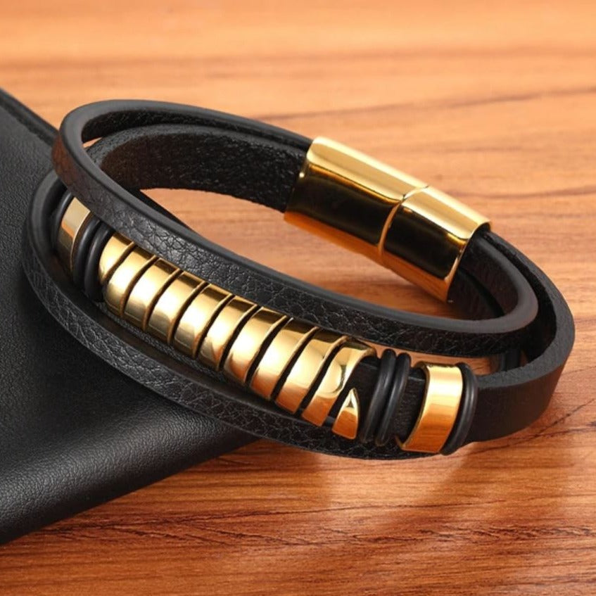 Pulseira de Couro e Aço Inoxidável