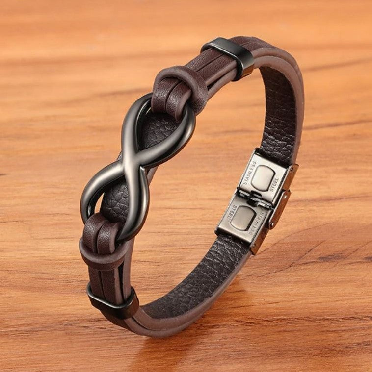Pulseira de Couro e Aço Inoxidável Infinito