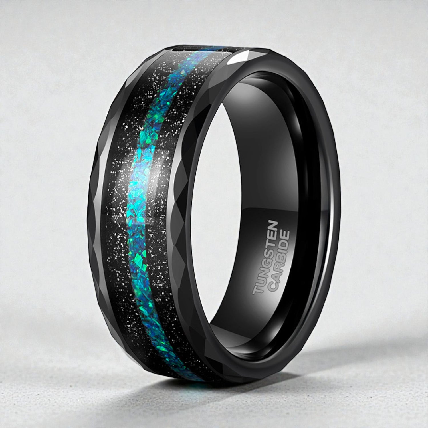 Anel de Tungsténio com Incrustação de Opala Azul