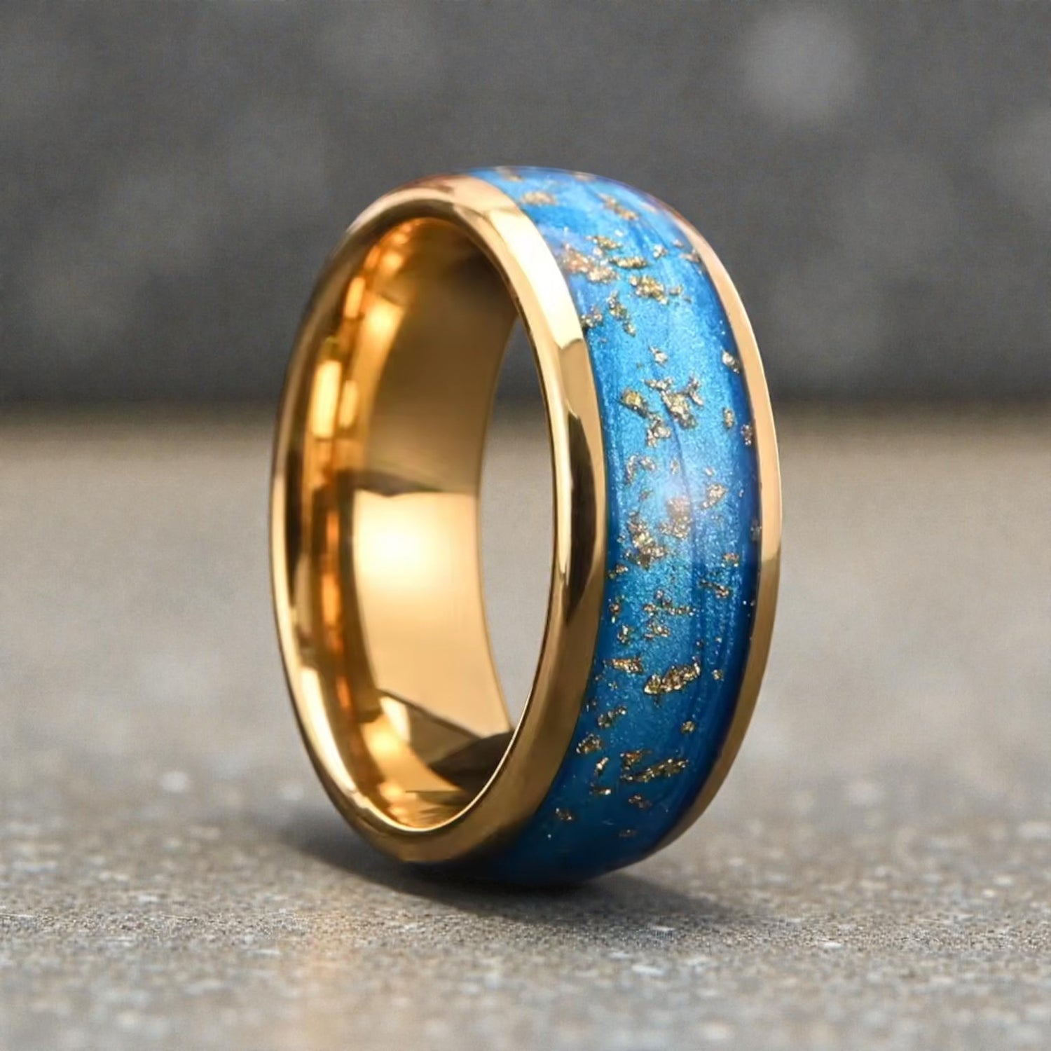 Anel de Tungsténio com Incrustação Azul e Folha de Ouro