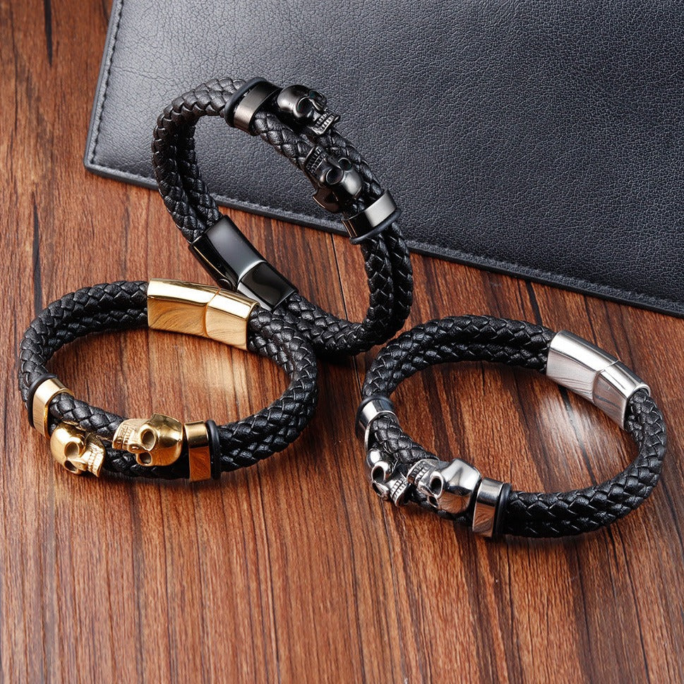 Pulseira Skull de Couro e Aço Inoxidável