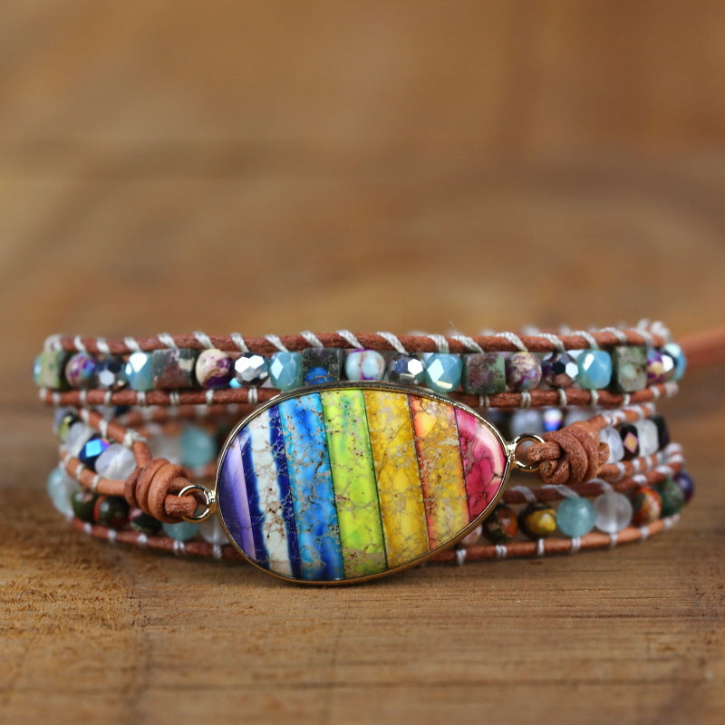 Pulseira Boêmia de Couro e Pedra Natural