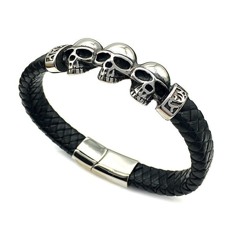 Pulseira Skull de Couro e Aço Titânio