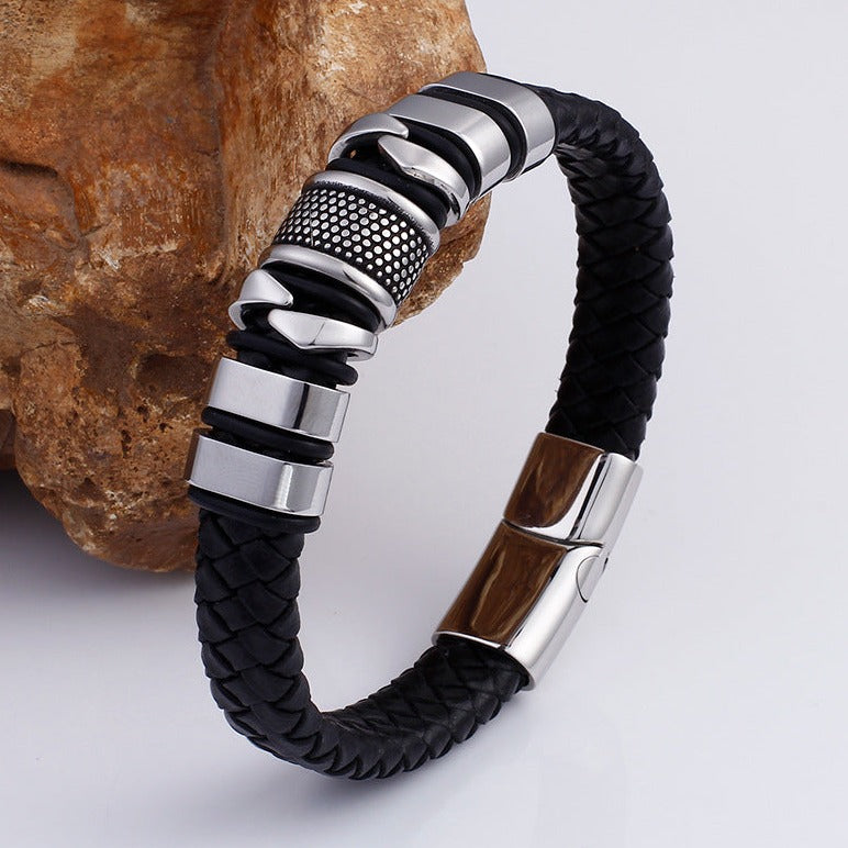 Pulseira de Couro e Aço Inoxidável