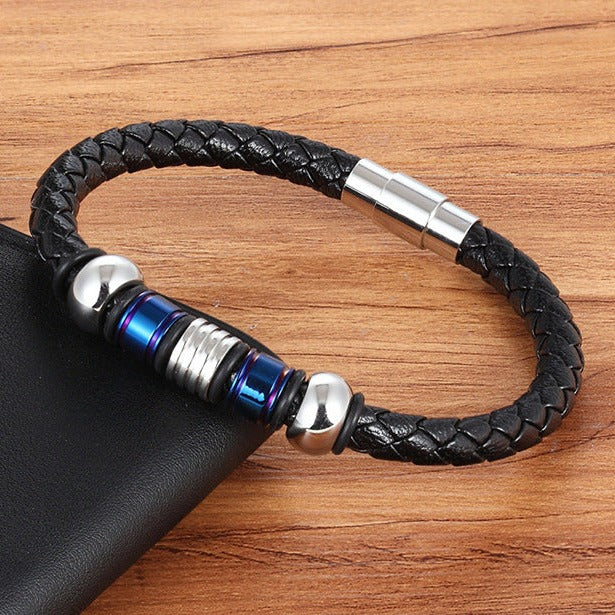 Pulseira de Couro e Aço Titânio