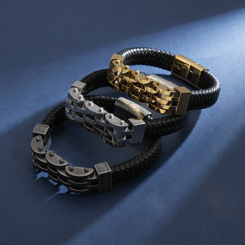 Pulseira de Couro e Aço Inoxidável