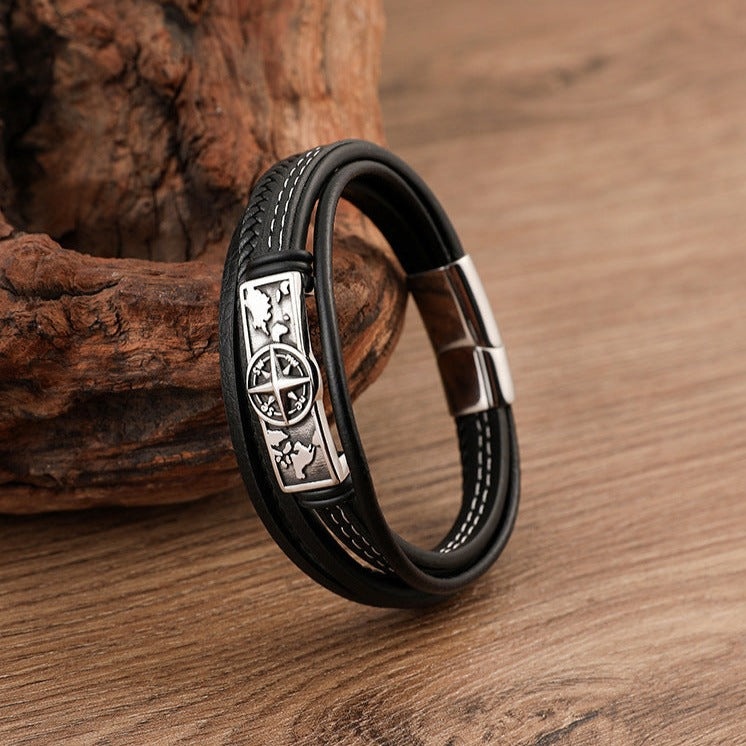 Pulseira de Couro e Aço Inoxidável