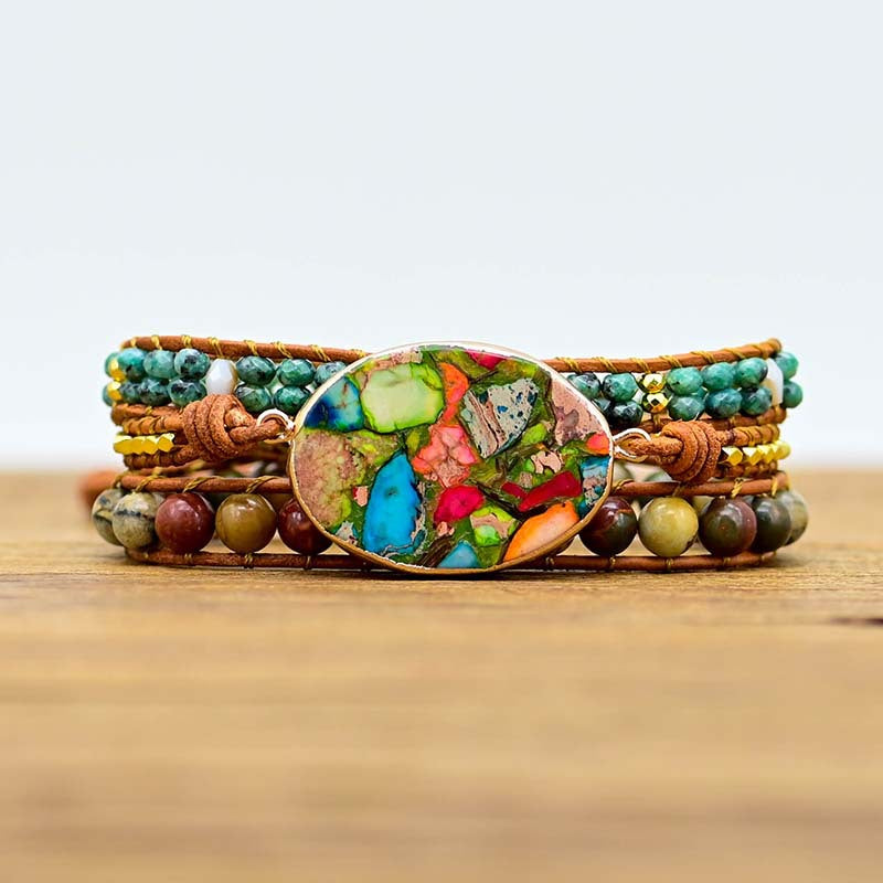 Pulsera de cuero bohemio y piedra natural