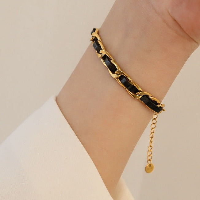 Pulseira de Couro e Aço Inoxidável