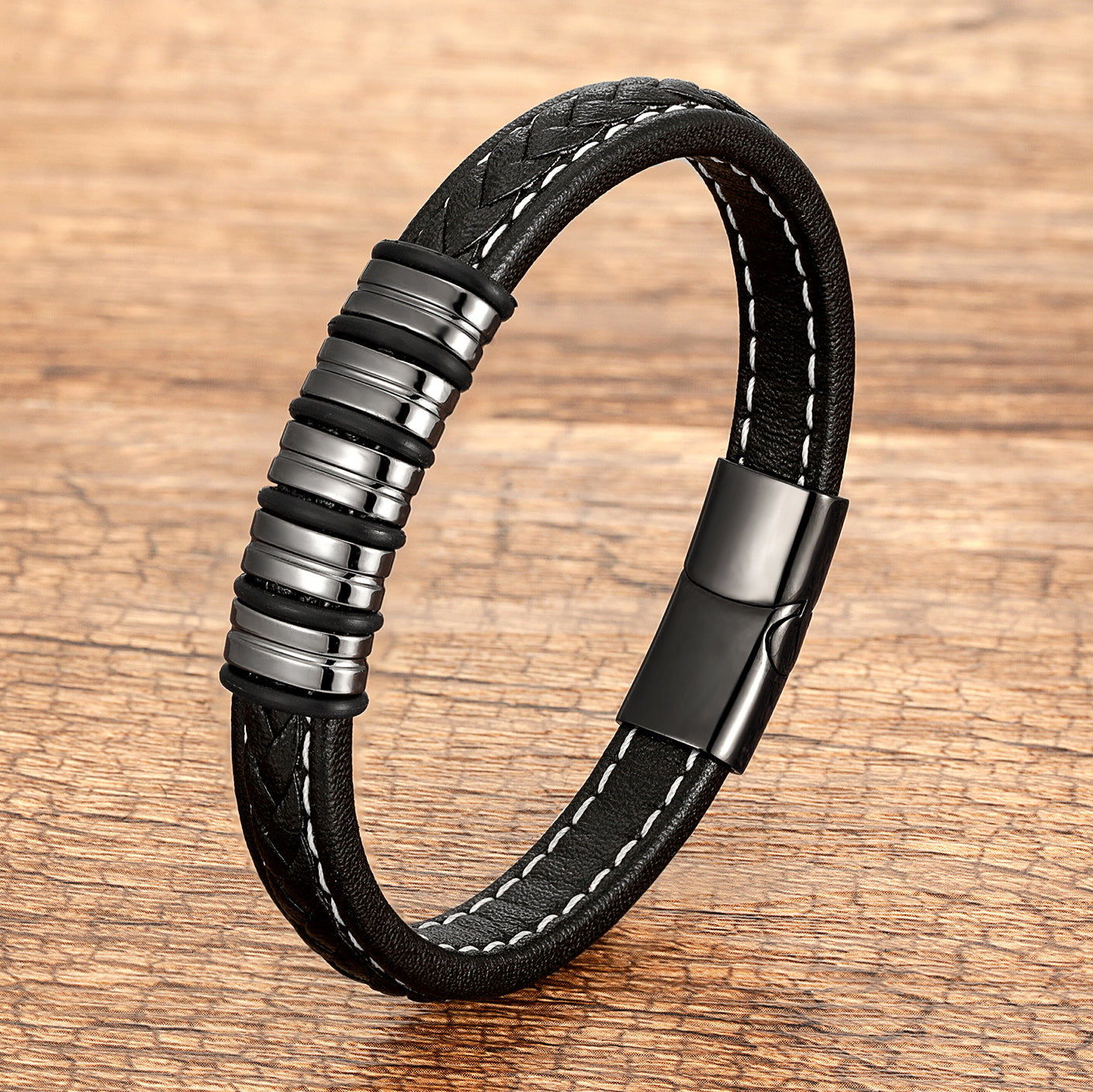 Pulseira de Couro e Aço Inoxidável