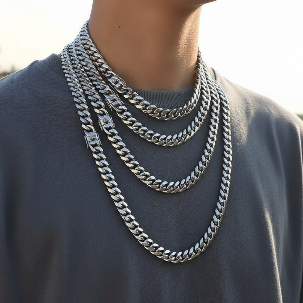 Colar e Pulseira de Corrente Cubana em Aço Inoxidável