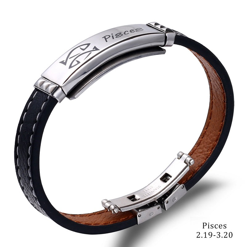 Pulseira de Couro e Aço Inoxidável 12 Constelações