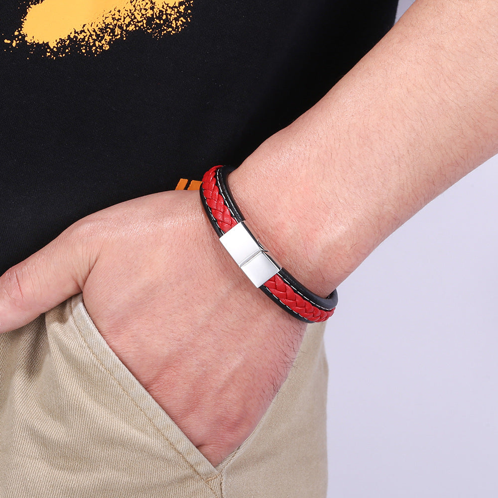 Pulseira de Couro e Aço Inoxidável