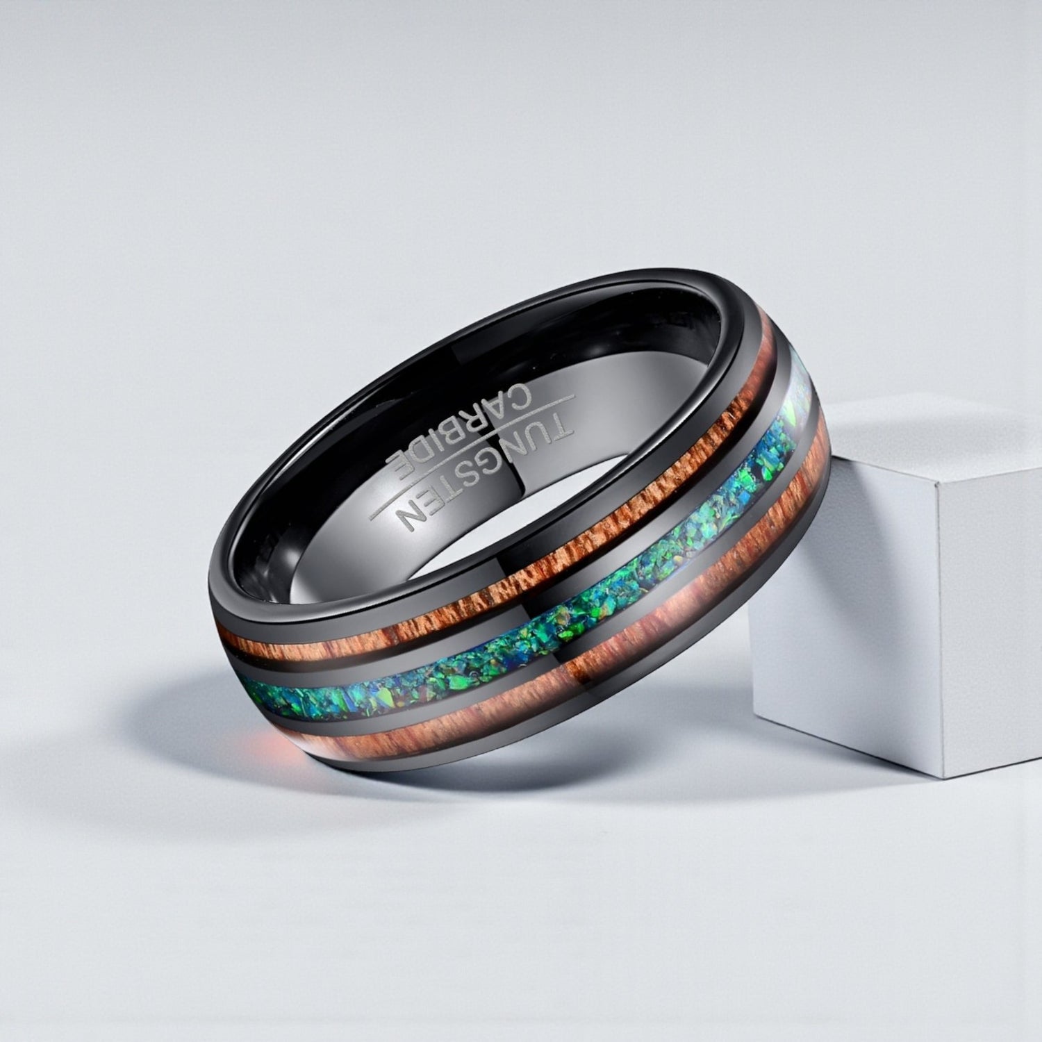 Anel de Tungsténio com Opala Azul