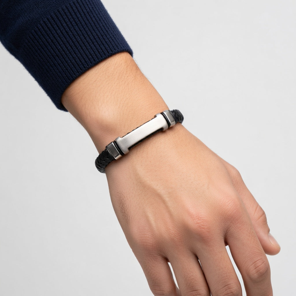 Pulseira de Couro e Aço Inoxidável 316L