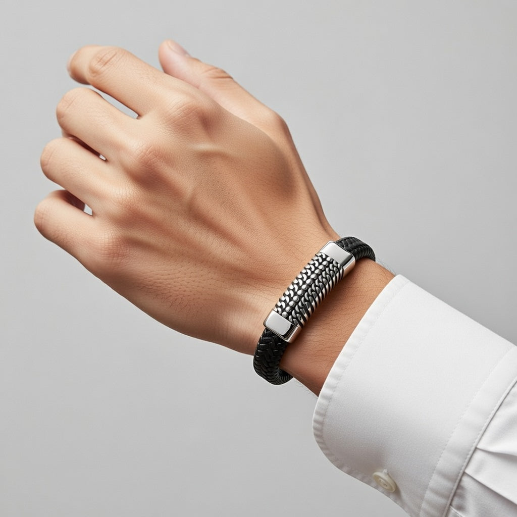 Pulseira de Couro e Aço Inoxidável