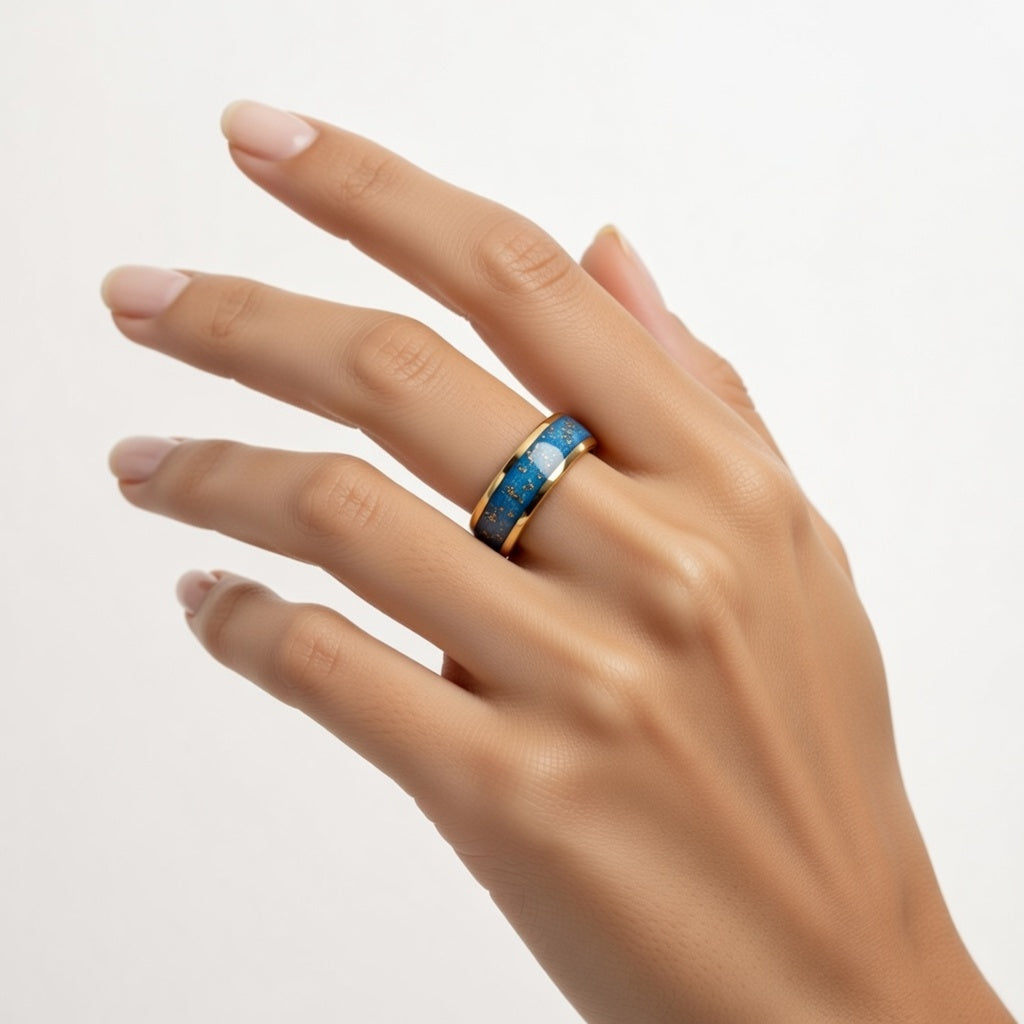 Anel de Tungsténio com Incrustação Azul e Folha de Ouro