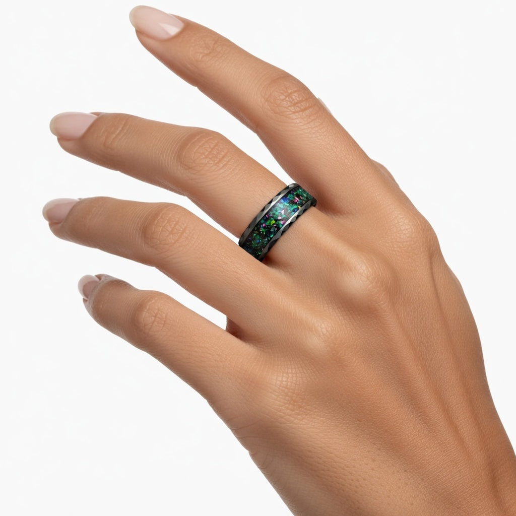 Anel de Tungsténio com Incrustação de Opala