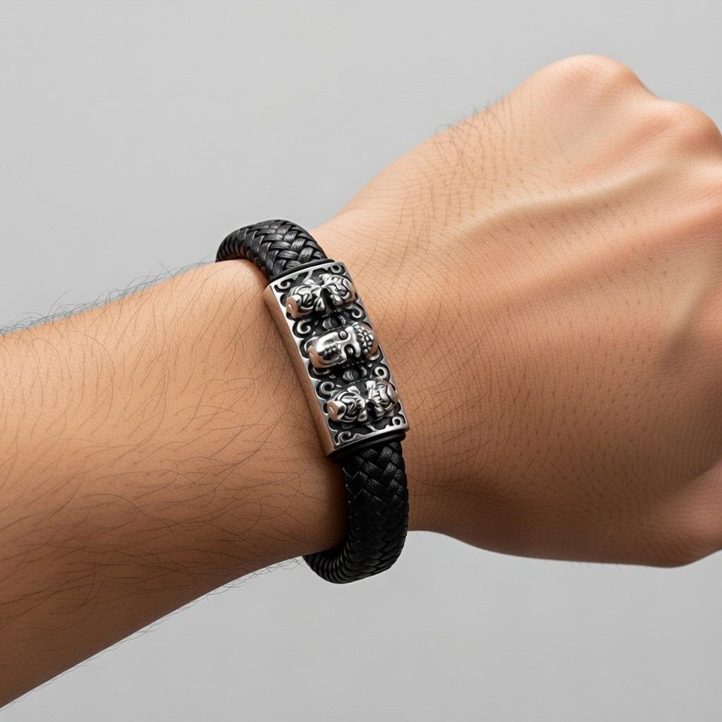 Pulseira de Couro e Aço Inoxidável