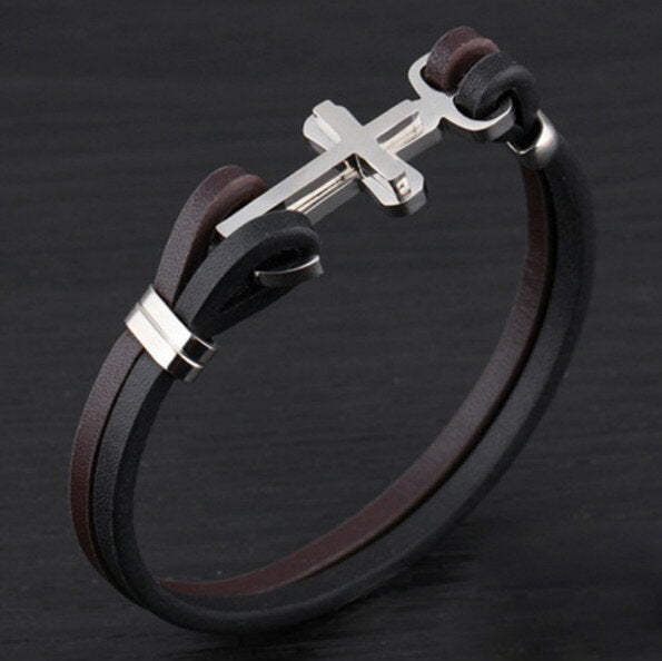 Pulseira Âncora de Couro e Aço Inoxidável