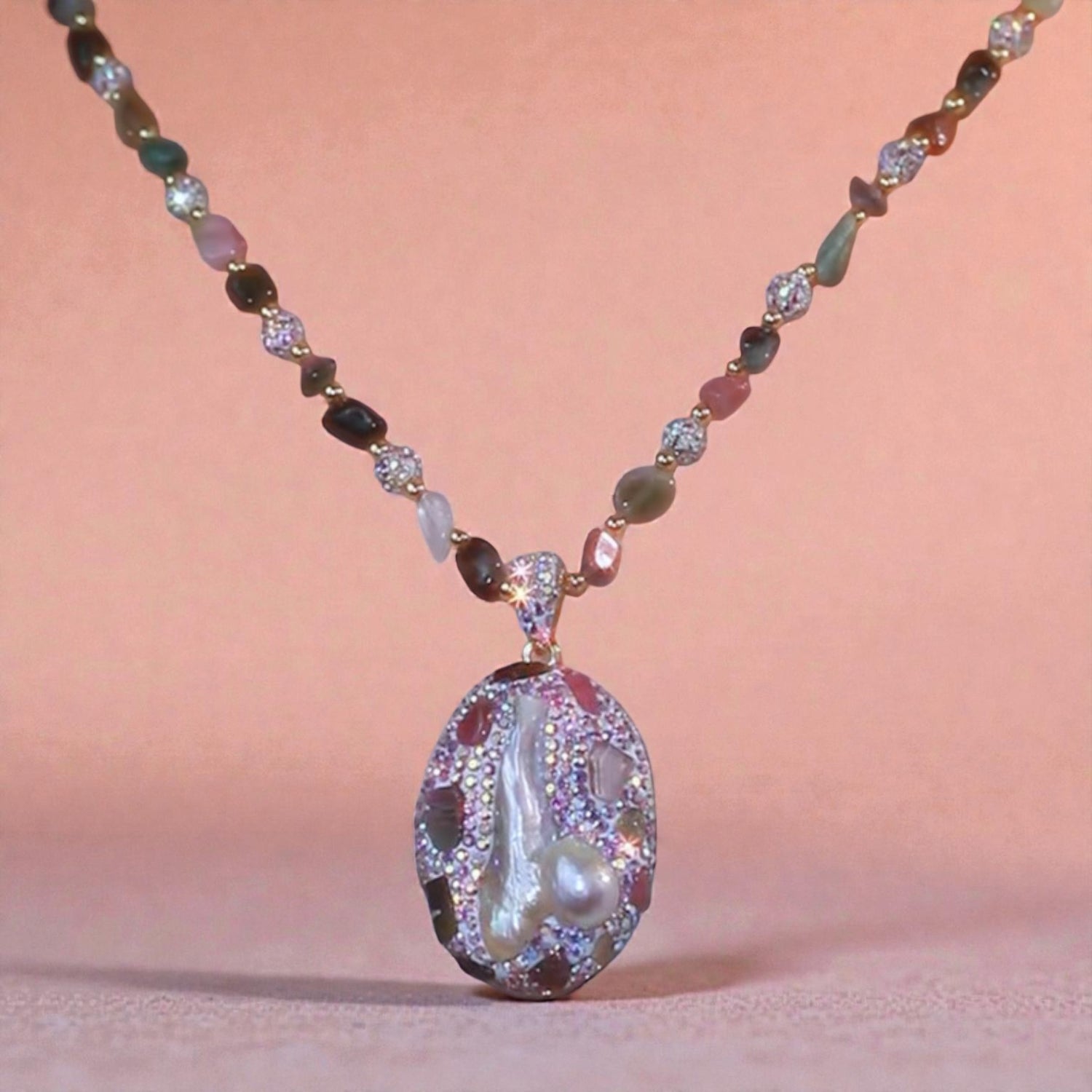 Colar Artesanal com Turmalinas e Pérola Barroca