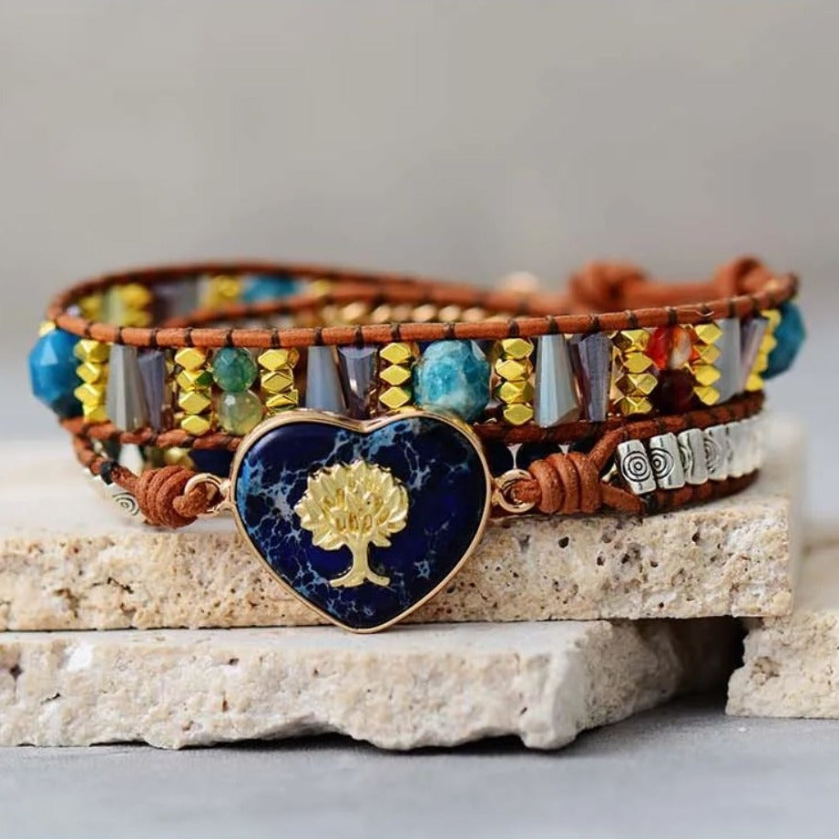 Pulseira Árvore da Vida de Couro e Pedra Natural
