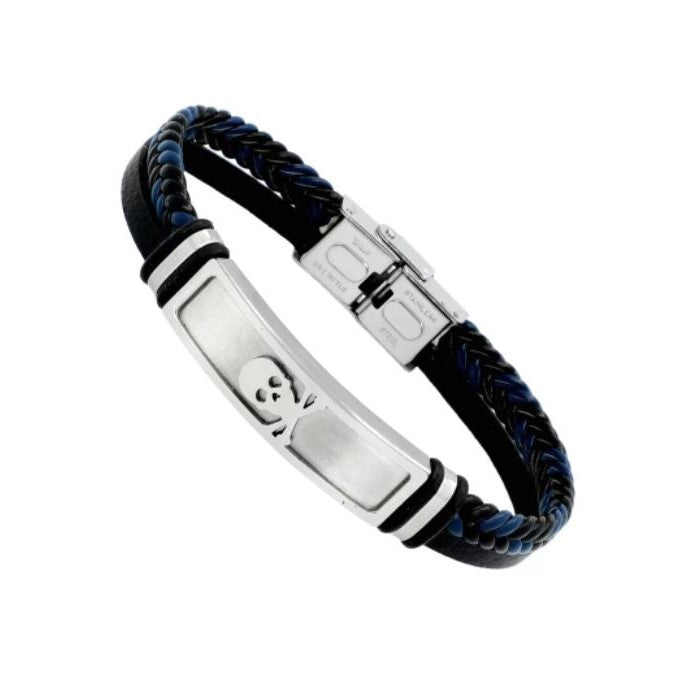 Pulseira Skull de Couro e Aço Inoxidável