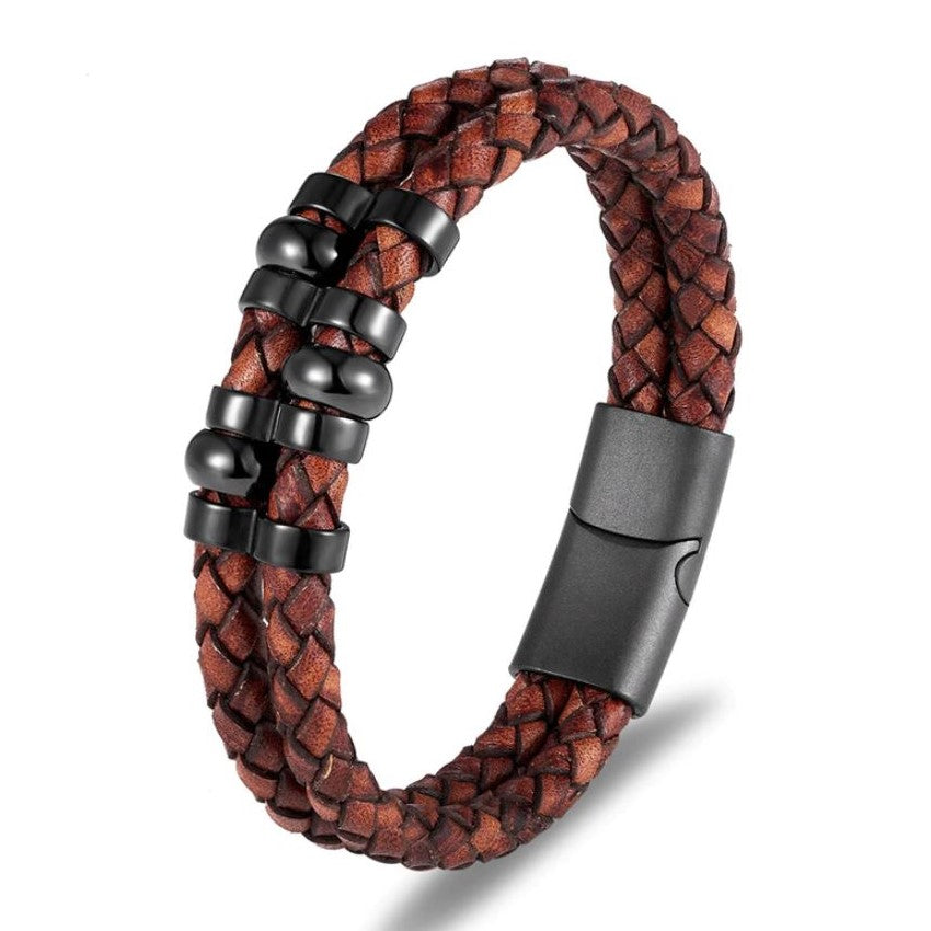 Pulseira de Couro e Aço Inoxidável