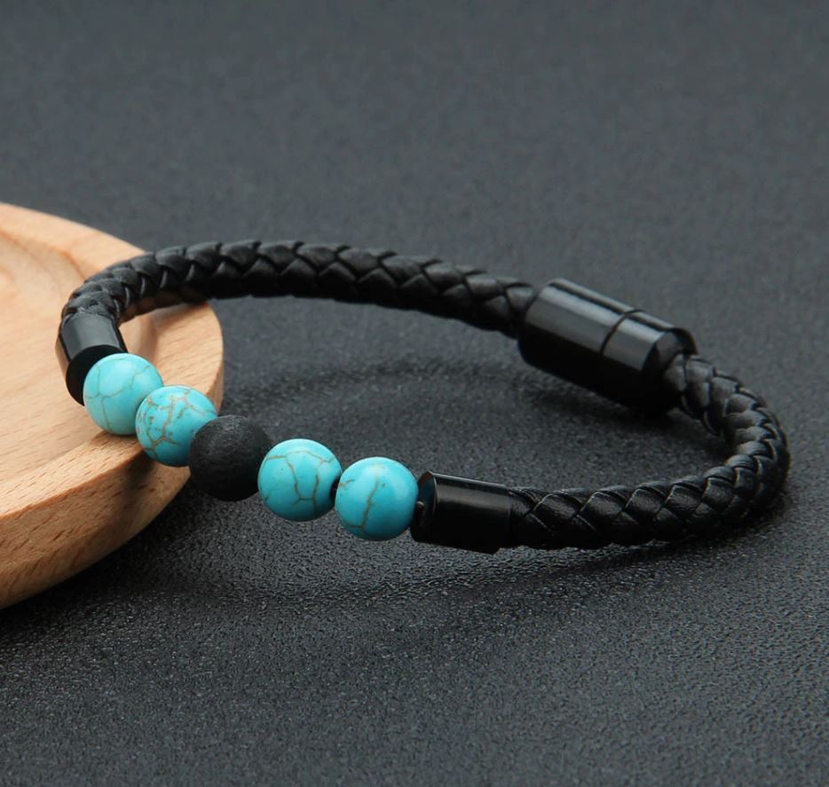 Pulseira de Couro e Pedra Natural